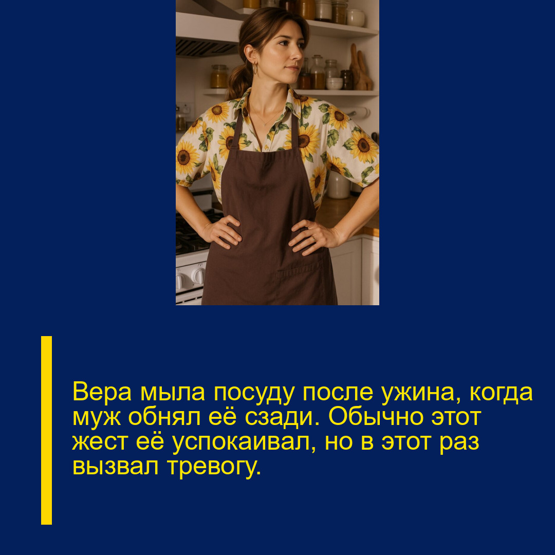 Вера мыла посуду после ужина, когда муж обнял её сзади. Обычно этот жест её успокаивал, но в этот раз вызвал тревогу.