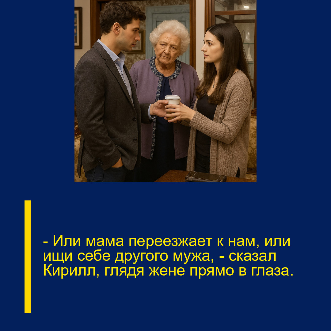 — Или мама переезжает к нам, или ищи себе другого мужа, — сказал Кирилл, глядя жене прямо в глаза. — Или мама переезжает к нам, или ищи себе другого мужа, — сказал Кирилл, глядя жене прямо в глаза.