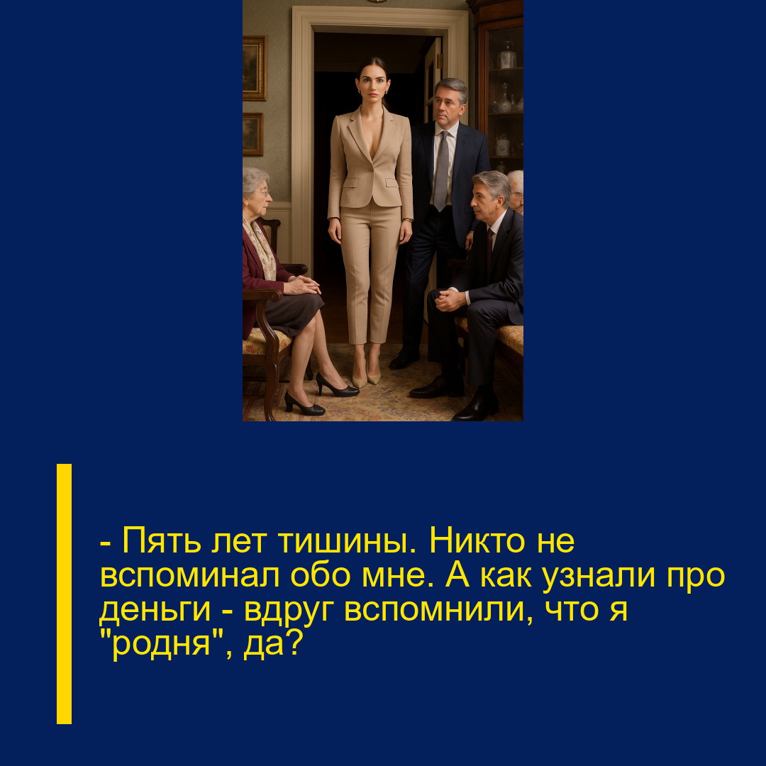 — Пять лет тишины. Никто не вспоминал обо мне. А как узнали про деньги — вдруг вспомнили, что я «родня», да?