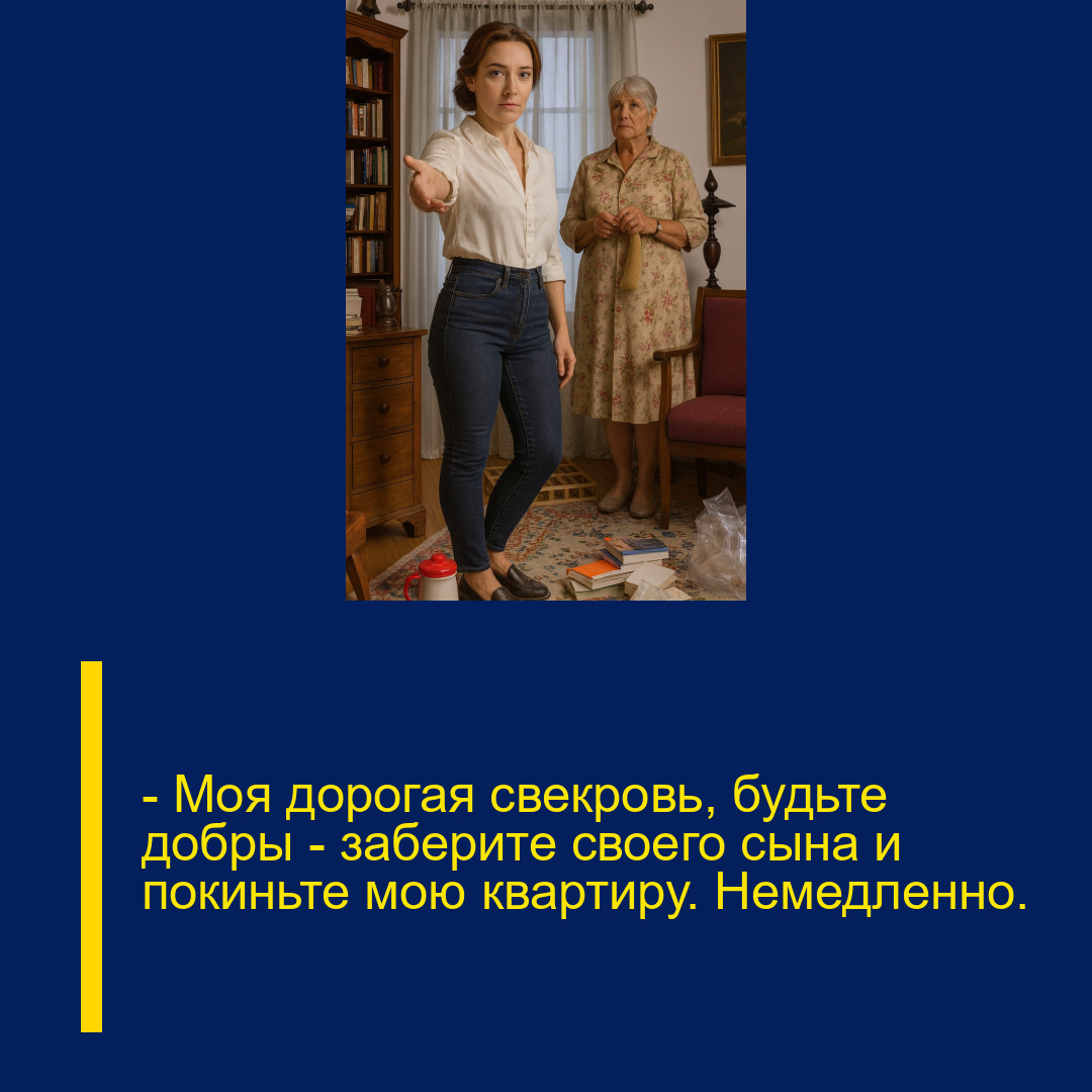 — Моя дорогая свекровь, будьте добры — заберите своего сына и покиньте мою квартиру. Немедленно. — Моя дорогая свекровь, будьте добры — заберите своего сына и покиньте мою квартиру. Немедленно.
