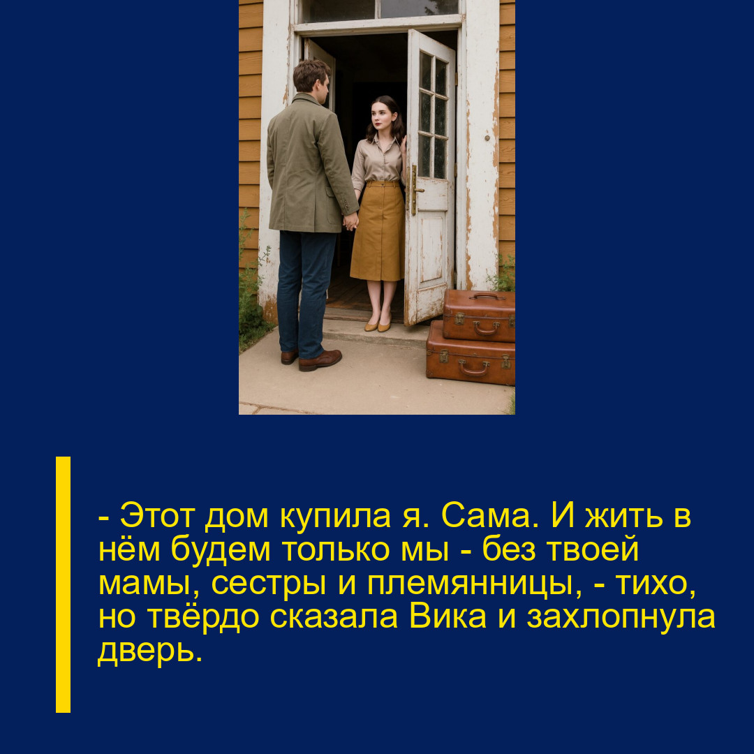 — Этот дом купила я. Сама. И жить в нём будем только мы — без твоей мамы, сестры и племянницы, — тихо, но твёрдо сказала Вика и захлопнула дверь. — Этот дом купила я. Сама. И жить в нём будем только мы — без твоей мамы, сестры и племянницы, — тихо, но твёрдо сказала Вика и захлопнула дверь.