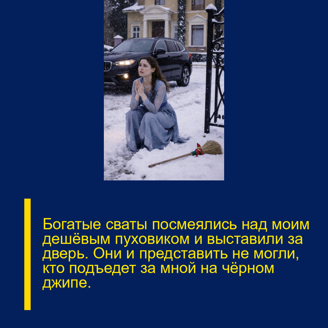 Богатые сваты посмеялись над моим дешёвым пуховиком и выставили за дверь. Они и представить не могли, кто подъедет за мной на чёрном джипе.