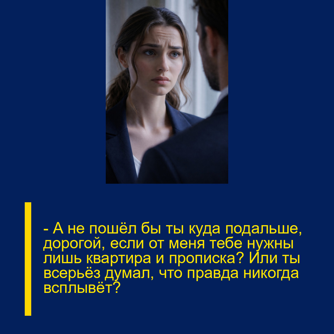 — А не пошёл бы ты куда подальше, дорогой, если от меня тебе нужны лишь квартира и прописка? Или ты всерьёз думал, что правда никогда всплывёт?