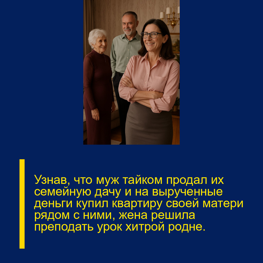 Узнав, что муж тайком продал их семейную дачу и на вырученные деньги купил квартиру своей матери рядом с ними, жена решила преподать урок хитрой родне. Узнав, что муж тайком продал их семейную дачу и на вырученные деньги купил квартиру своей матери рядом с ними, жена решила преподать урок хитрой родне.