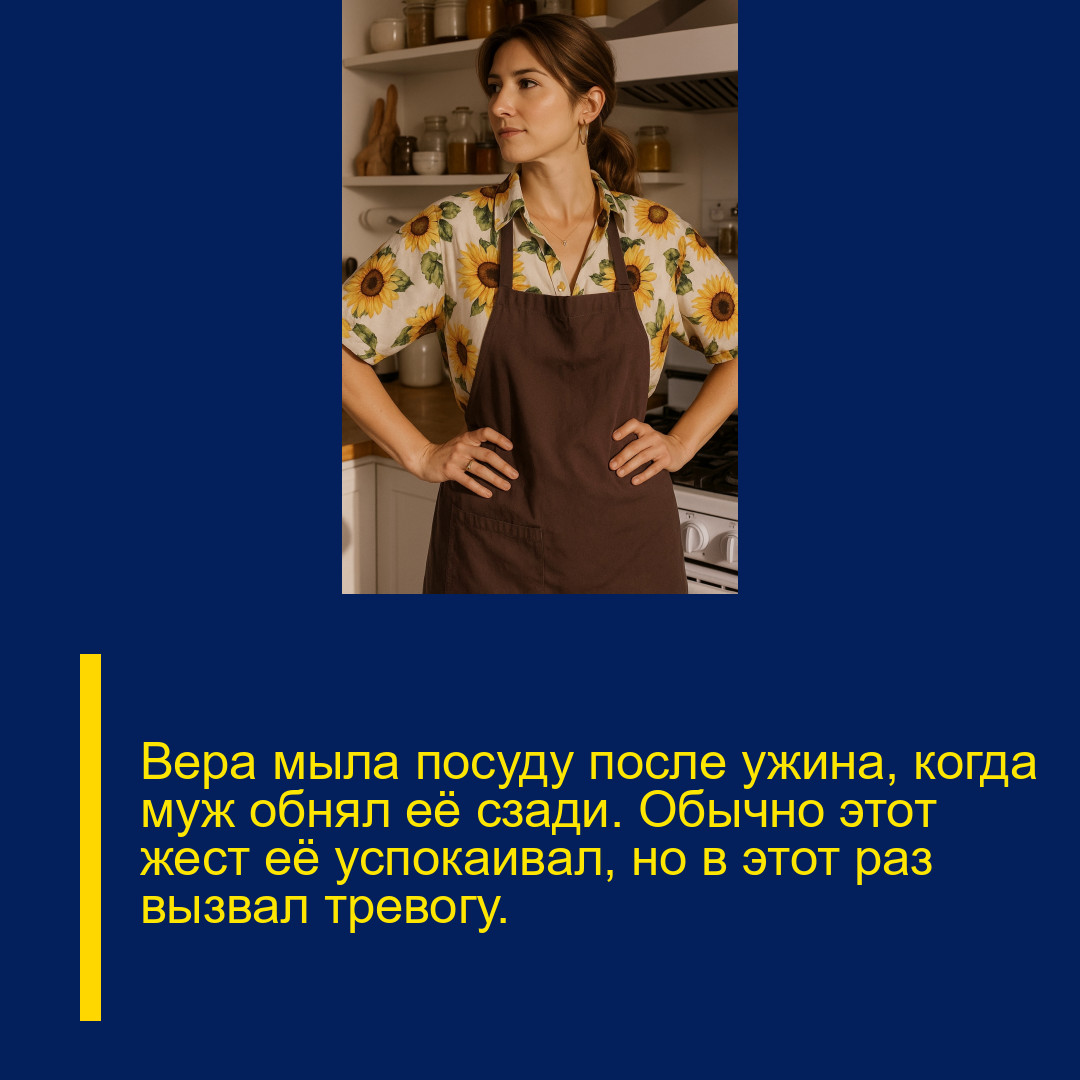 Вера мыла посуду после ужина, когда муж обнял её сзади. Обычно этот жест её успокаивал, но в этот раз вызвал тревогу.