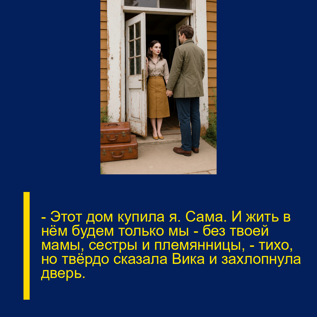 — Этот дом купила я. Сама. И жить в нём будем только мы — без твоей мамы, сестры и племянницы, — тихо, но твёрдо сказала Вика и захлопнула дверь.