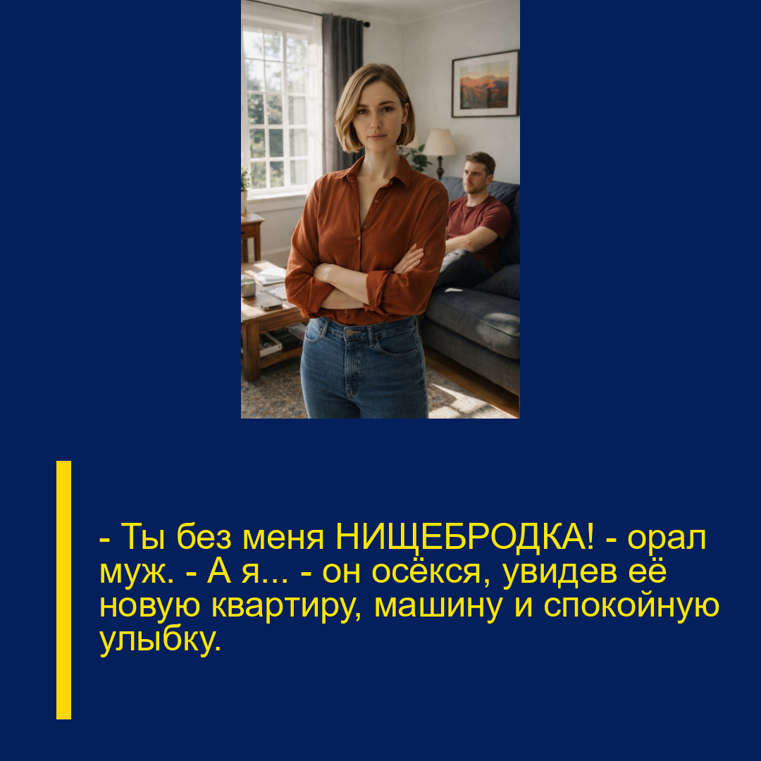 — Ты без меня НИЩЕБРОДКА! — орал муж. — А я… — он осёкся, увидев её новую квартиру, машину и спокойную улыбку. — Ты без меня НИЩЕБРОДКА! — орал муж. — А я… — он осёкся, увидев её новую квартиру, машину и спокойную улыбку.