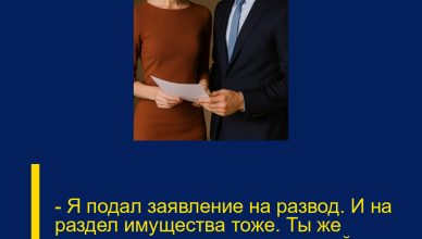 — Я подал заявление на развод. И на раздел имущества тоже.  Ты же понимаешь, что половина твоей квартиры теперь — моя?